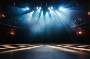 Dark empty theater stage illuminated by dramatic blue spotlights, artistic and cinematic atmosphere for performance or concert scene