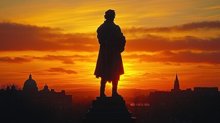 Fototapeta premium Silhouette of Historical Monument Against a Dramatic Sunset Sky in Edinburgh