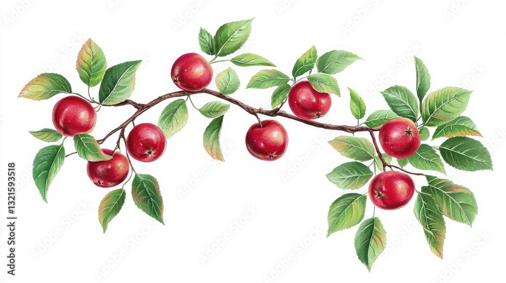 Poster a single apple tree branch with glossy red apples and green leaves. 