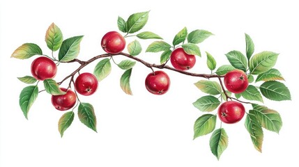 Fototapeta premium a single apple tree branch with glossy red apples and green leaves. 