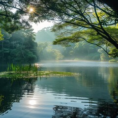 Fototapeta premium Serene lake sunrise in lush forest