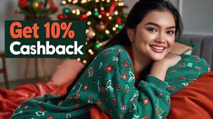 Woman relaxing at home, Christmas Cashback promotion