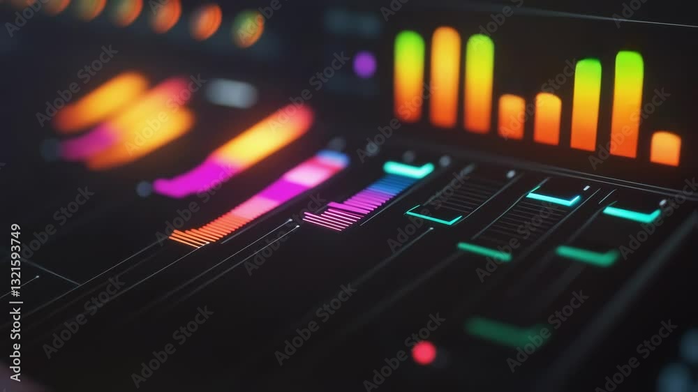 Poster digital audio workstation interface displaying colorful sound waves, levels, and settings changing d