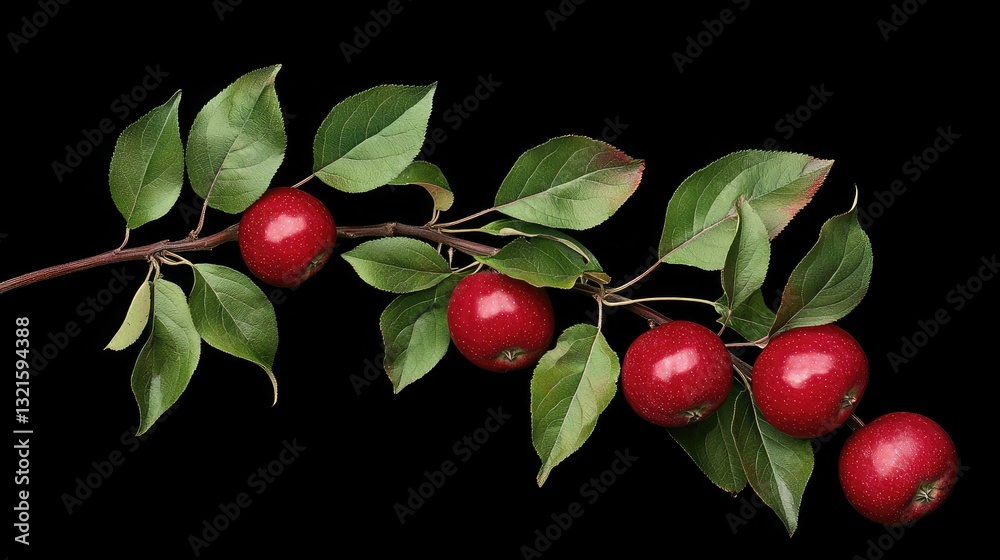 Poster a single apple tree branch with glossy red apples and green leaves.