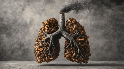 World No Tobacco Day-Tobacco Leaves and Cigarette Butts Sculpted into Human Lungs with Smoke Hyper-Realistic Conceptual Illustration