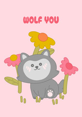 Kawaii wolf sitting in a flower field. Cute baby wolf with a gentle look in a whimsical woodland setting. Perfect for children's prints, nursery decor, greeting cards. Soft pastel vector illustration