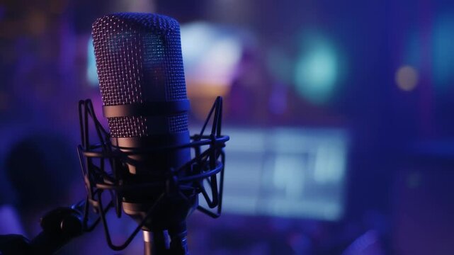Professional condenser microphone recording audio during live music performance, illuminated by colorful stage lights with technicians and equipment blending into background