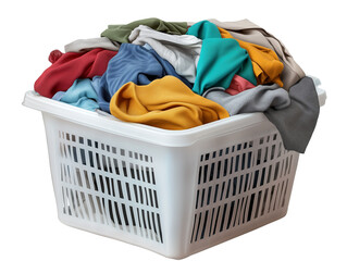 Colored clothes overflowing in a white plastic garbage can isolated on a transparent background