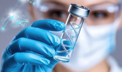 Close-up of a gloved hand holding a test tube with DNA. Inside the tube is a liquid with a double helix. In the blurred background is a woman's face wearing lab glasses and a mask.