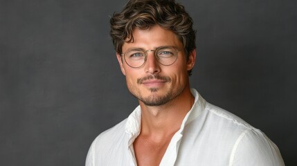 Fototapeta premium A well-groomed man with curly hair and glasses stands confidently, wearing a white shirt. The dark background contrasts with his light attire, creating a striking look