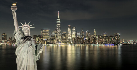 statue of liberty in front of new york city skyline composite photo (lady liberty freedom symbol sculpture built by french) nyc manhattan downtown cityscape harbor waterfront hudson east river © Yuriy T
