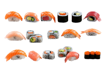 A realistic assortment of sushi pieces, including nigiri and maki rolls, with fresh salmon, tuna, and shrimp, isolated on a transparent background