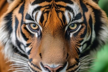 Fototapeta premium Majestic tiger staring directly into the camera with intense gaze and detailed fur