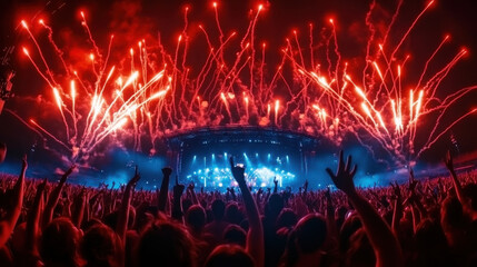 Vibrant concert scene with fireworks illuminating packed stadium crowd