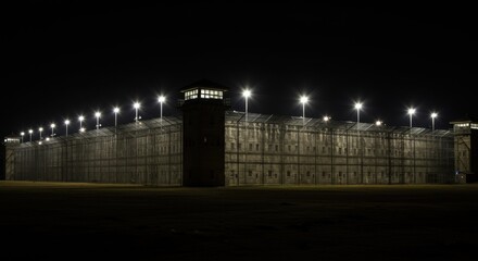 Night view of a prison facility with bright floodlights 