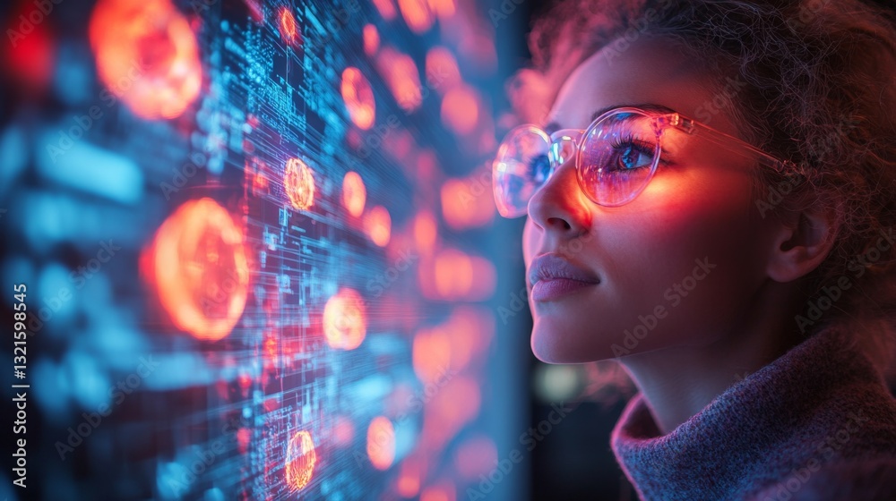 Fototapete A woman studies dynamic visualizations of quantum principles and advanced algorithms, examining data patterns and their implications for machine learning.