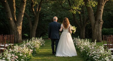 Father and daughter walking down the garden aisle at sunset 