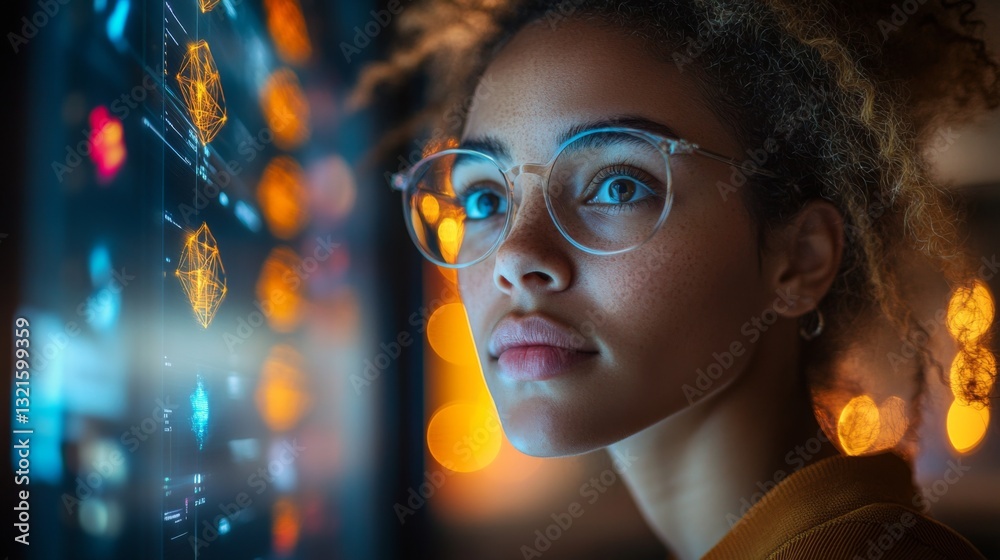 Fototapete A woman with curly hair and glasses studies complex quantum algorithms and neural network data visualizations on glowing digital screens in a modern environment.
