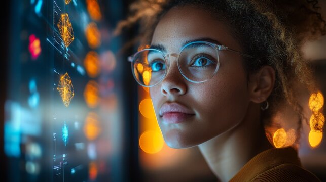 A woman with curly hair and glasses studies complex quantum algorithms and neural network data visualizations on glowing digital screens in a modern environment.