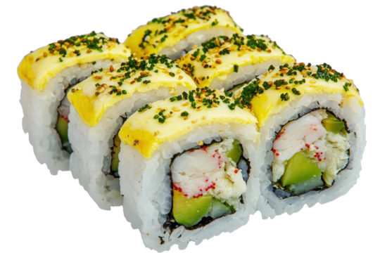 Fresh Sushi Rolls with Yellow Top and Colorful Ingredients