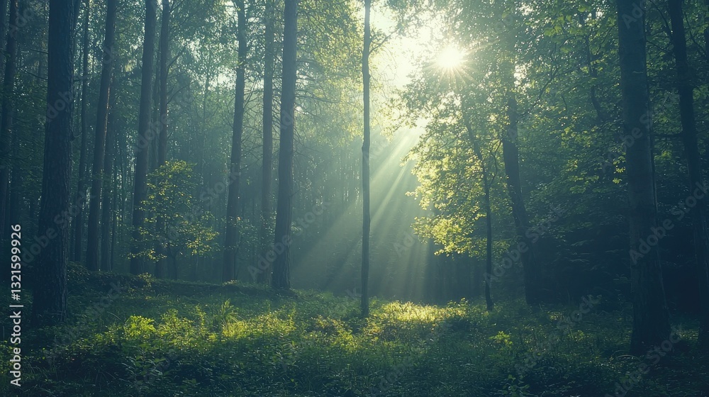 Poster A serene view of a dense forest with sunlight filtering through the canopy. 