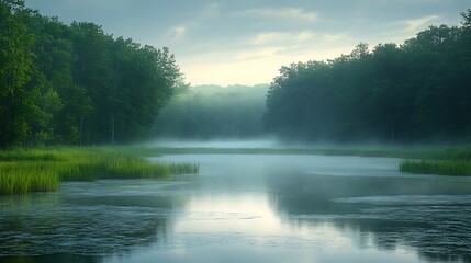 Fototapeta premium Misty Wetland Landscape at Sunrise