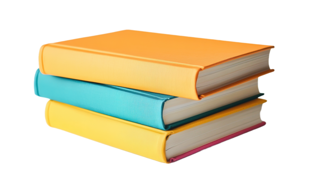 Exploring colorful book covers a neat stack of three books in a cozy home office environment