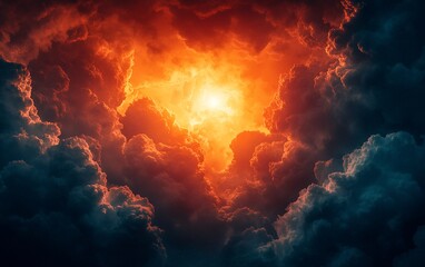 Fiery Sun Breaking Through Dark Clouds