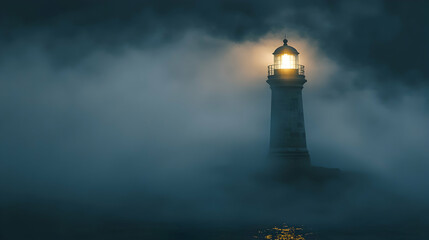 Mystical light guide shrouded in mist, ancient lighthouse in a foreboding landscape