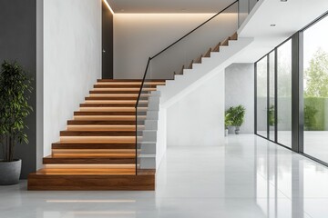 Obraz premium Modern interior with illuminated wooden staircase and glass railing Spacious minimalist design with ample natural light and indoor plants