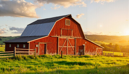 Rustic red barn glowing under sunset in lush pasture, rural serenity