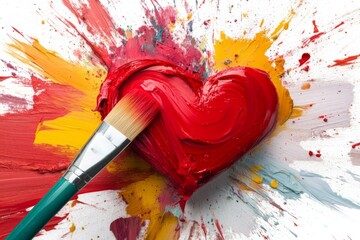 A freshly painted red heart with a brush lies on a vibrant background of paint splashes in yellow, orange, and white. A creative and expressive artistic concept symbolizing love and passion.