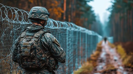 A soldier in military gear monitors a barbed wire fence that stretches through a dense forest. The atmosphere is misty and the ground is muddy, indicating recent rain