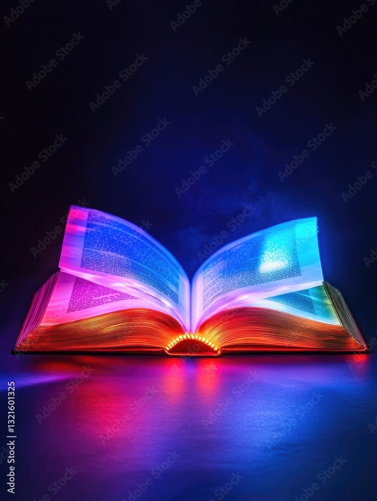 Aufkleber An open book on a table illuminated by colorful lights, ideal for creative or learning spaces