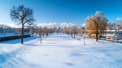 Expansive Snow Covered Park with Golden and Bare Trees Under a Clear Blue Sky on a Bright Winter Morning with Footprints in Snow