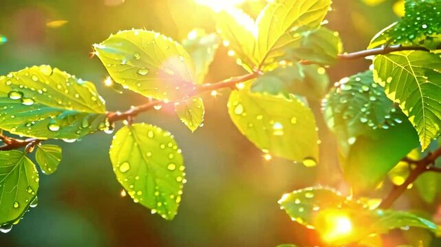 4K雨后阳光植物绿叶逆光露珠自然
