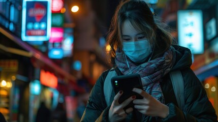 Woman using phone, masked, night city street, neon lights