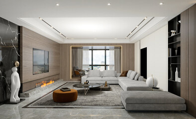 3d render modern living and dining room