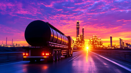 Tanker truck on highway at sunset passing illuminated refinery