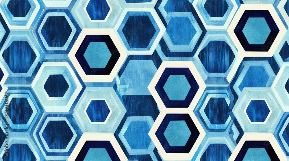 Poster a seamless geometric blue pattern with hexagons and contrasting shades.