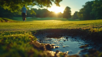 A golfer preparing to putt on a vibrant green golf course, with the sun shining in the background.