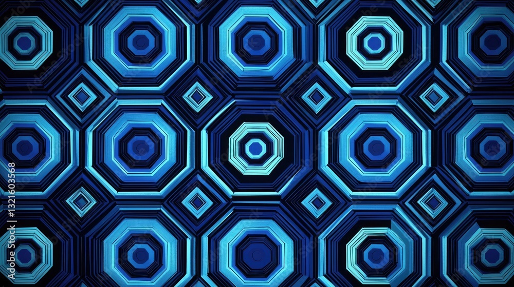 Poster a seamless geometric blue pattern with hexagons and contrasting shades.