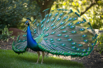 Obraz premium Male Peacock in Side View Displaying Full Feather Fan in Garden Setting - Elegant Bird-Watching Tour