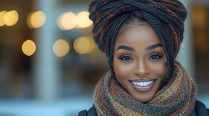 Bright smile lights up the scene as a woman with braided hair wears a colorful scarf against a blurred background, enjoying a cheerful winter day outdoors