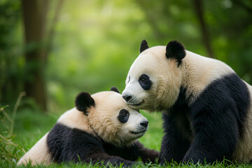 Naklejka premium affectionate giant pandas interacting in lush green forest habitat