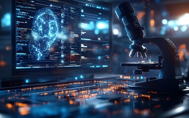 AIpowered microscope analyzing cancer cell mutations, holographic data projection, futuristic biotech lab, photorealistic scientific visualization, cybermedical theme