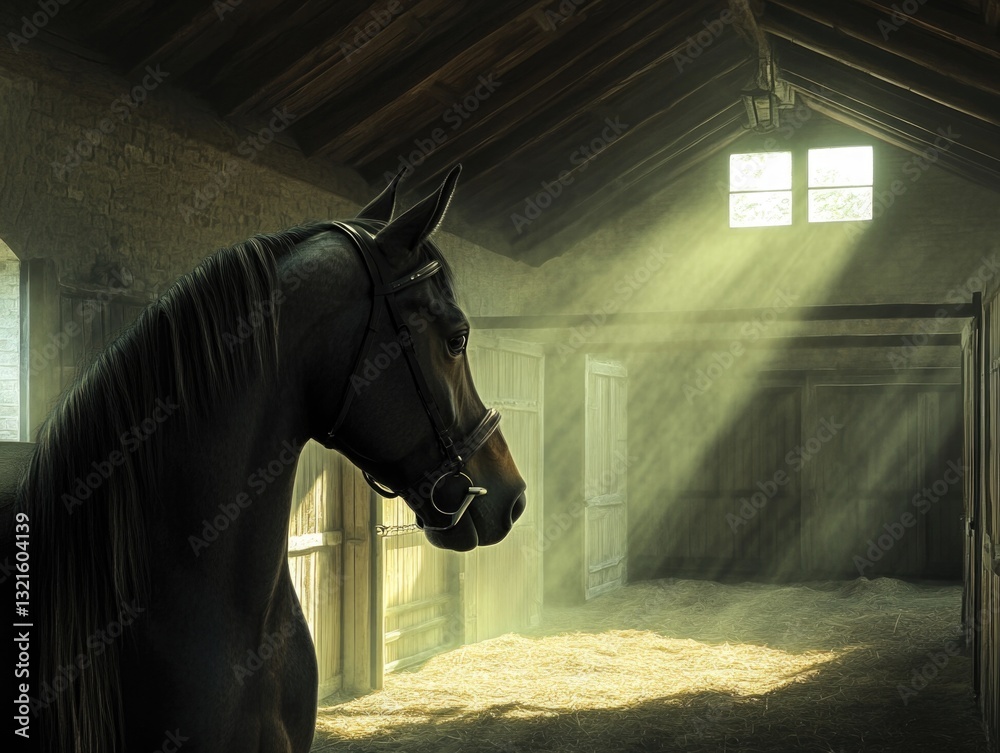 Poster a horse stands in a cozy barn, illuminated by warm sunlight filtering through the window