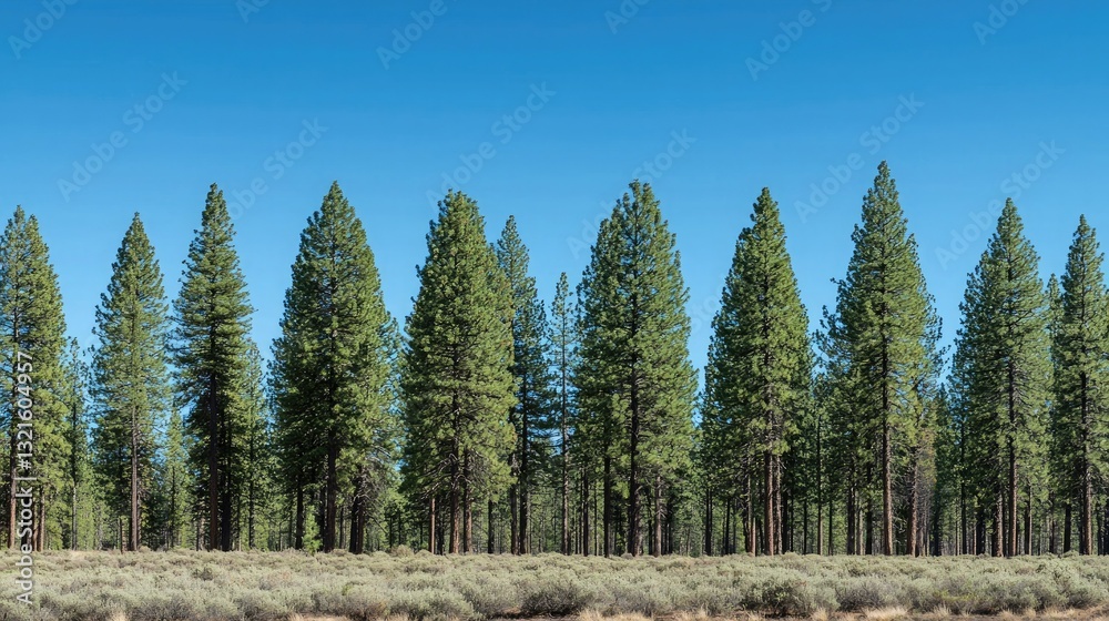 Poster a row of tall pine trees forming a dense tree line under a clear blue sky.