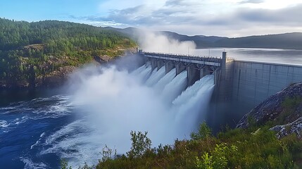 Hydroelectric Dam Releasing Water with Lush Green Forest Landscape View