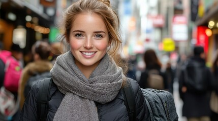 Fototapeta premium A young woman stands confidently in a busy city street, sporting a warm scarf and jacket. She radiates joy amid a crowd of people and colorful storefronts